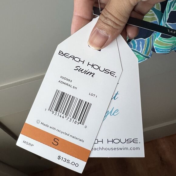 Beach House Swim Cover Up Dress Women Medium Blue Long Sleeve Palm Floral NEW - Picture 9 of 14